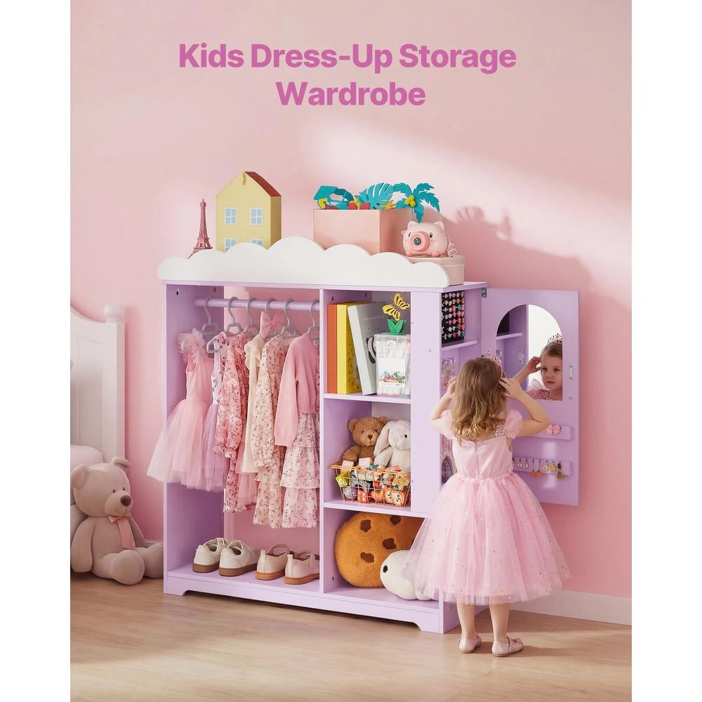 Armadio Costumi Bambini con Mobiletto Portagiochi Viola Specchio Ripiani per Camera e Cameretta