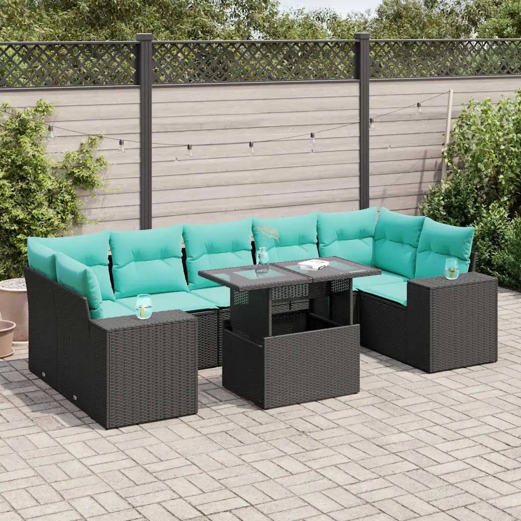 Set Divani da Giardino con Cuscini 8 pz Nero Polyrattan Acacia