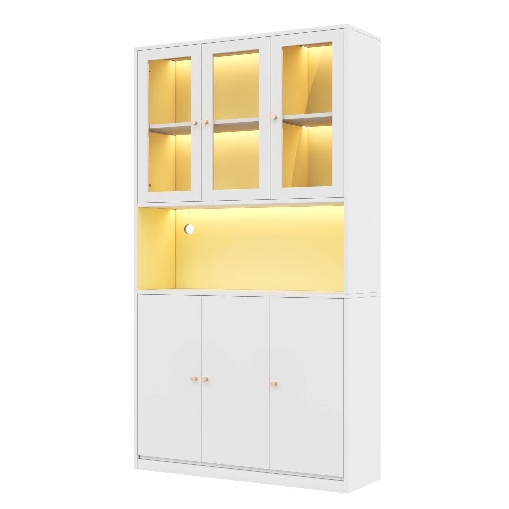 Libreria alta 100×35×200 cm con vetrina in vetro, LED multicolore, vani aperti e 3 ante, bianco