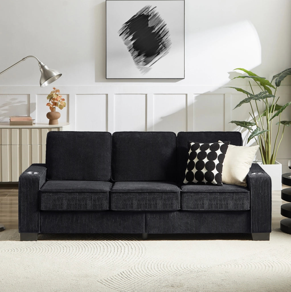 Divano 3 posti in corduroy nero con portabicchieri; 206 cm