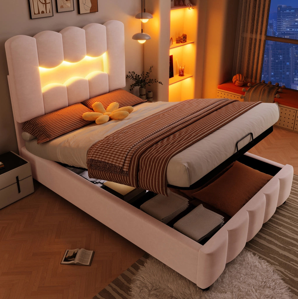 Letto imbottito 90x200 cm con contenitore, LED e testiera regolabile
