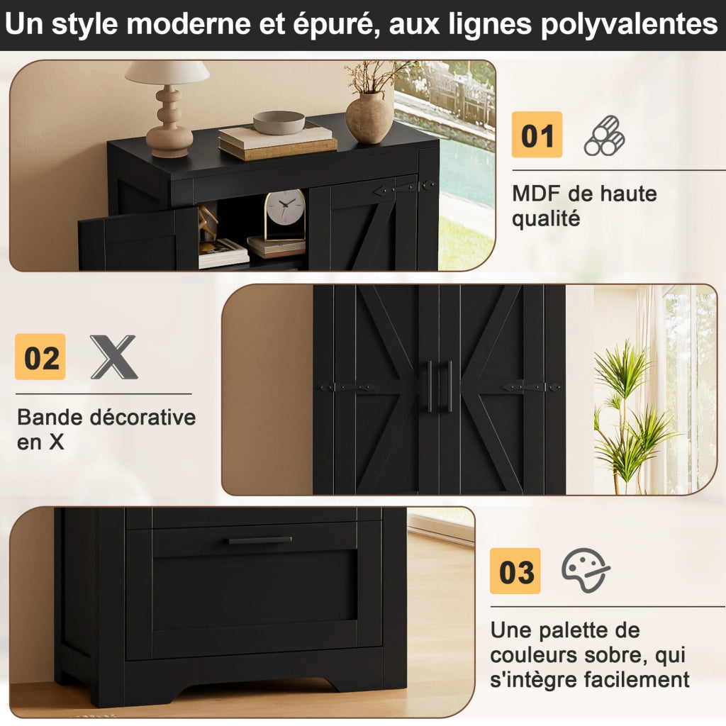 Credenza alta stile country con 2 cassetti e ripiani regolabili; nero; 60x30x128 cm in MDF e truciolare
