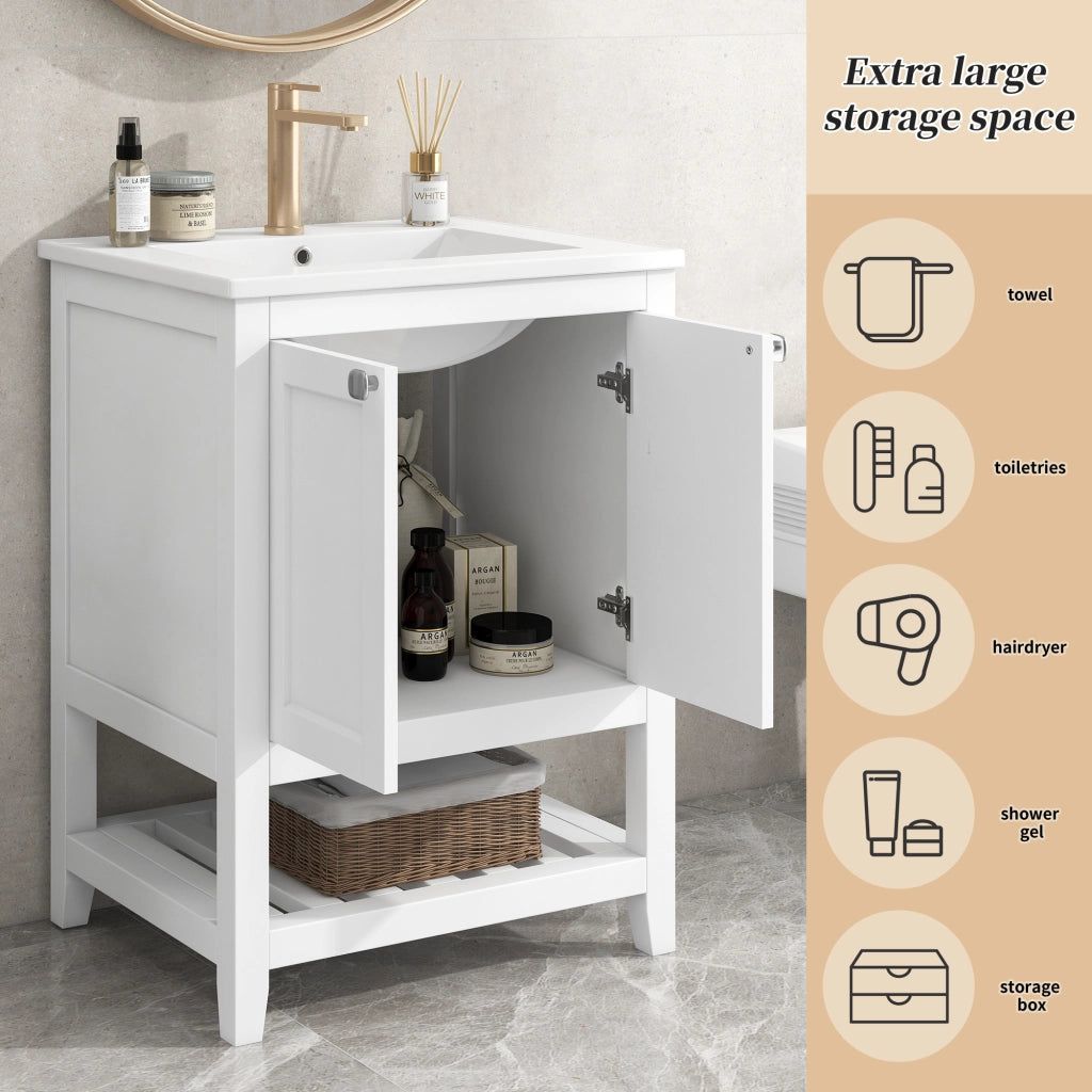 Mobile sottolavabo con lavabo in ceramica da bagno con base a pavimento in legno massello e MDF bianco 60 cm
