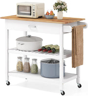 Carrello da Cucina Salvaspazio con Ruote, Mobiletto Cucina con Piano in Legno, Cassetto, 2 Ripiani Aperti, Carrello da Portata per Sala da Pranzo, 106 x 50 x 89 cm (Bianco)