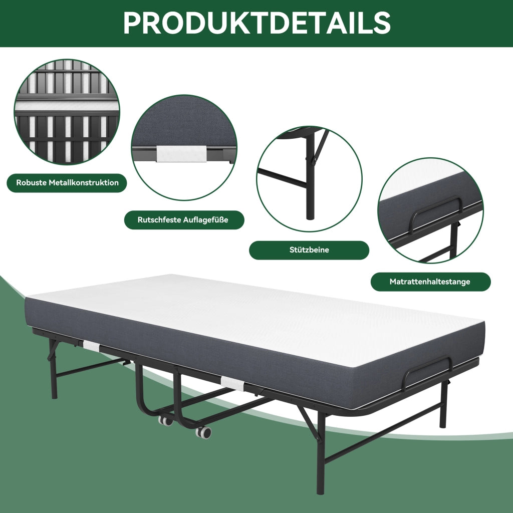 Letto pieghevole singolo 90x190 cm con materasso in schiuma viscoelastica nero