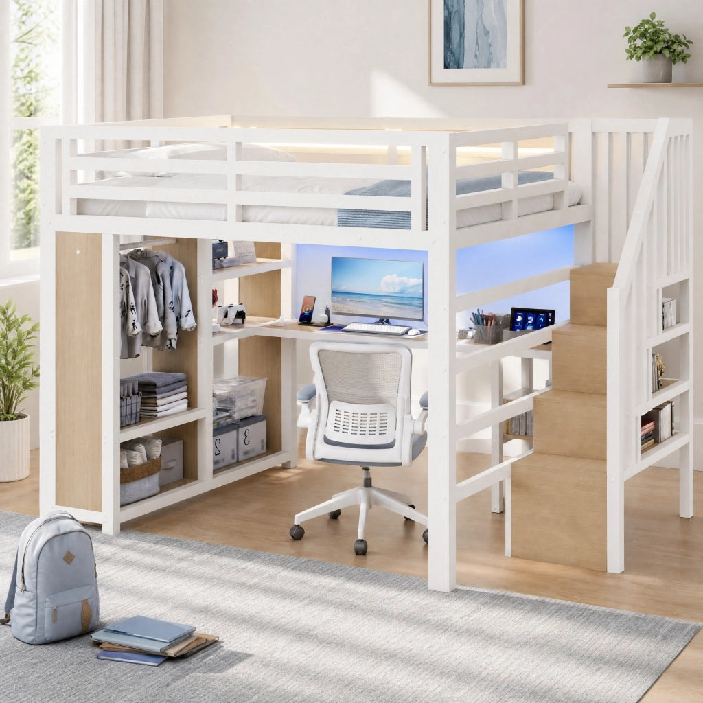 DESMIU Letto a soppalco 140 × 200 cm 2 posti con scrivania, LED, ripiani e armadio aperto, senza materasso, bianco