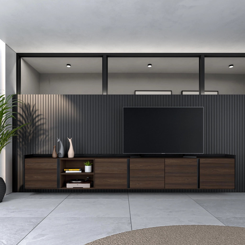 Mobile TV Soggiorno, 309x50x35 cm, Per TV fino a 80", Sospeso, da appendere, Rovere scuro e Nero