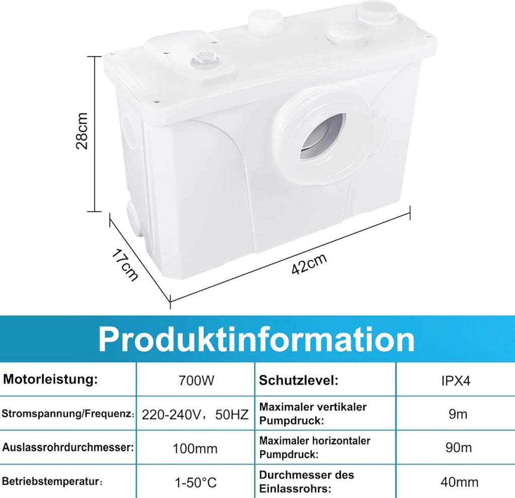 Impianto di sollevamento, 700 W, pompa sanitaria, 180 l/min, impianto di sollevamento piccolo, pompa per feci con filtro ai carboni attivi, lame in acciaio inox e 3 ingressi per WC, lavandino e
