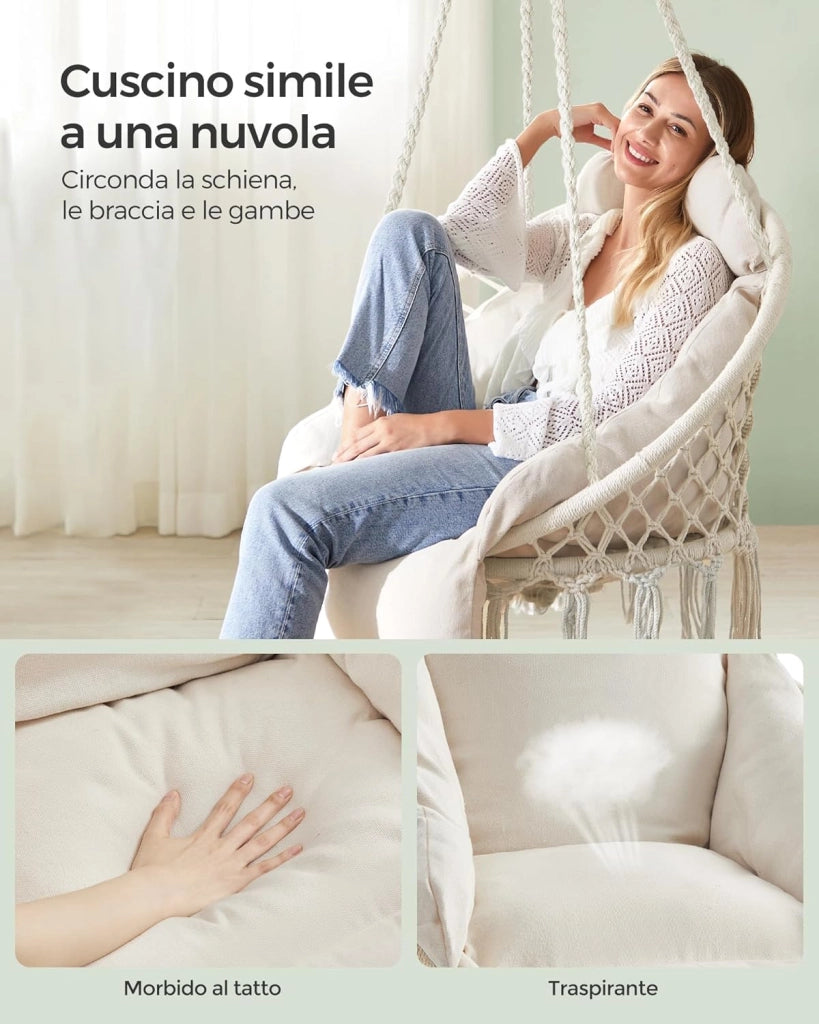 SONGMICS Sedia Altalena, Sedia Amaca, Cuscino Ben Imbottito, Sedia Sospesa Boho, Camera da Letto Balcone Giardino Soggiorno, Regge 120 kg, Accessori Inclusi, Bianco Crema GDC042M01