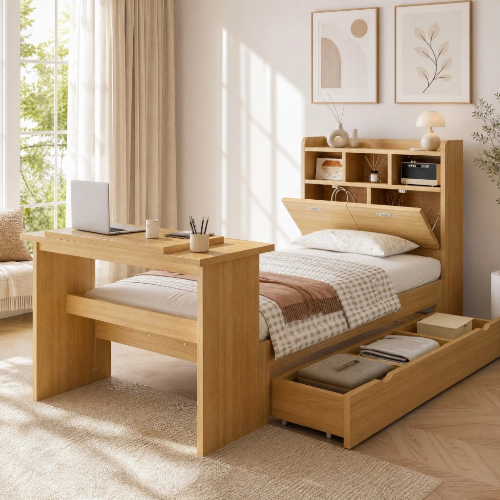 Letto singolo 90x200 cm in legno naturale con contenitore, mensola testiera, tavolo ribaltabile e cassetto reversibile
