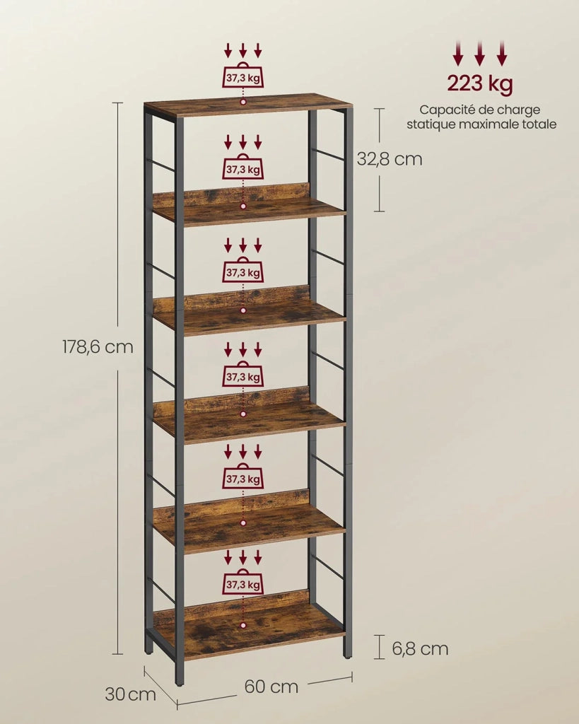 Libreria a 6 ripiani con pannelli posteriori in stile industriale per soggiorno studio ufficio marrone 12_0005806