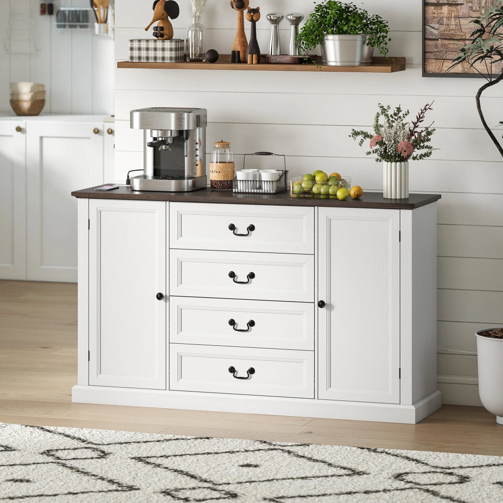 Credenza da Cucina Stile Vintage 147x40x87 cm con 4 Cassetti e 2 Armadietti con Mensole Regolabili Legno Bianco