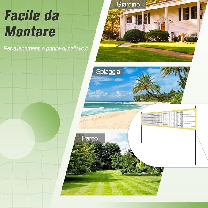 Rete da Pallavolo per Esterni Portatile, Rete con Pali Regolabili in Altezza, Anti-Afflosciamento, Pallavolo, Pompa, Martello, Linea di Confine e Borsa, per Giardino e Spiaggia
