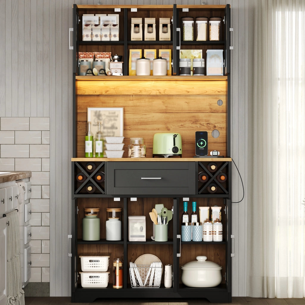Credenza alta con LED RGB, 2 ante, 1 cassetto, vani aperti e portabottiglie, per cucina e soggiorno 105 × 40 × 180 cm