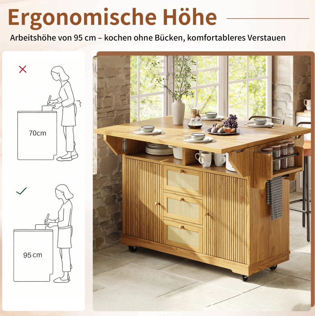 Carrello da cucina pieghevole con ripiani e cassetti in rattan