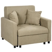Poltrona Letto in Tessuto Effetto Velluto Marrone Chiaro con 2 Cuscini e Spazio Portaoggetti, 100x98x88 cm