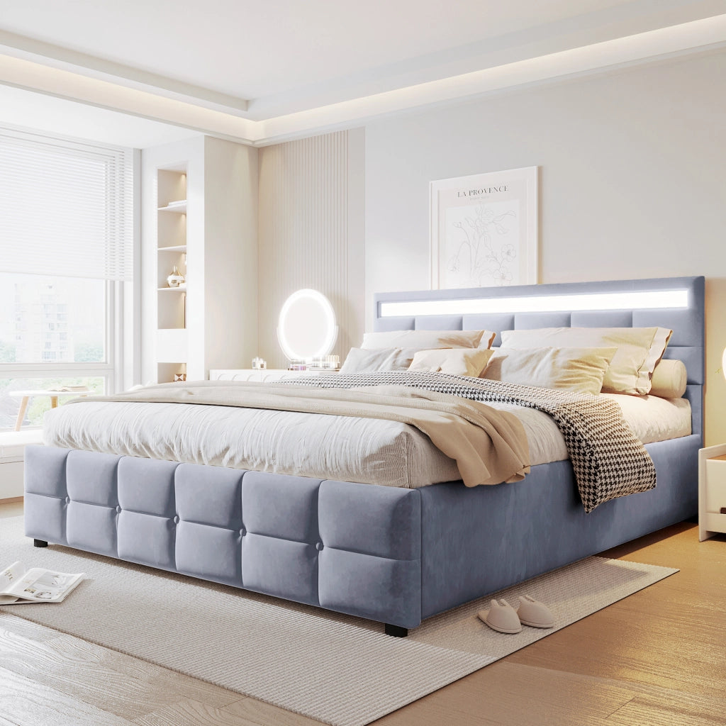 Letti contenitori 180x200 cm con LED e rete a doghe; velluto; grigio