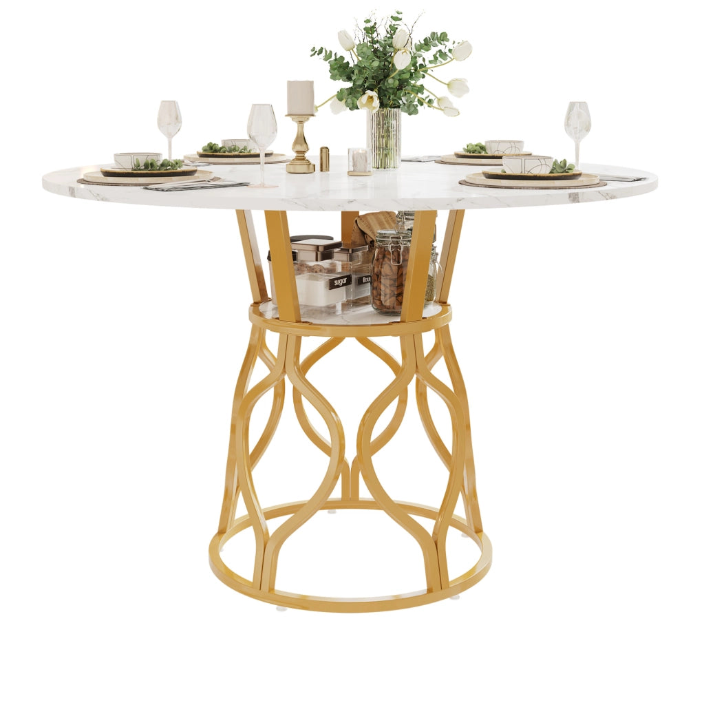 Tavolo da pranzo rotondo 100 x 100 x 75 cm con ripiano; bianco e oro