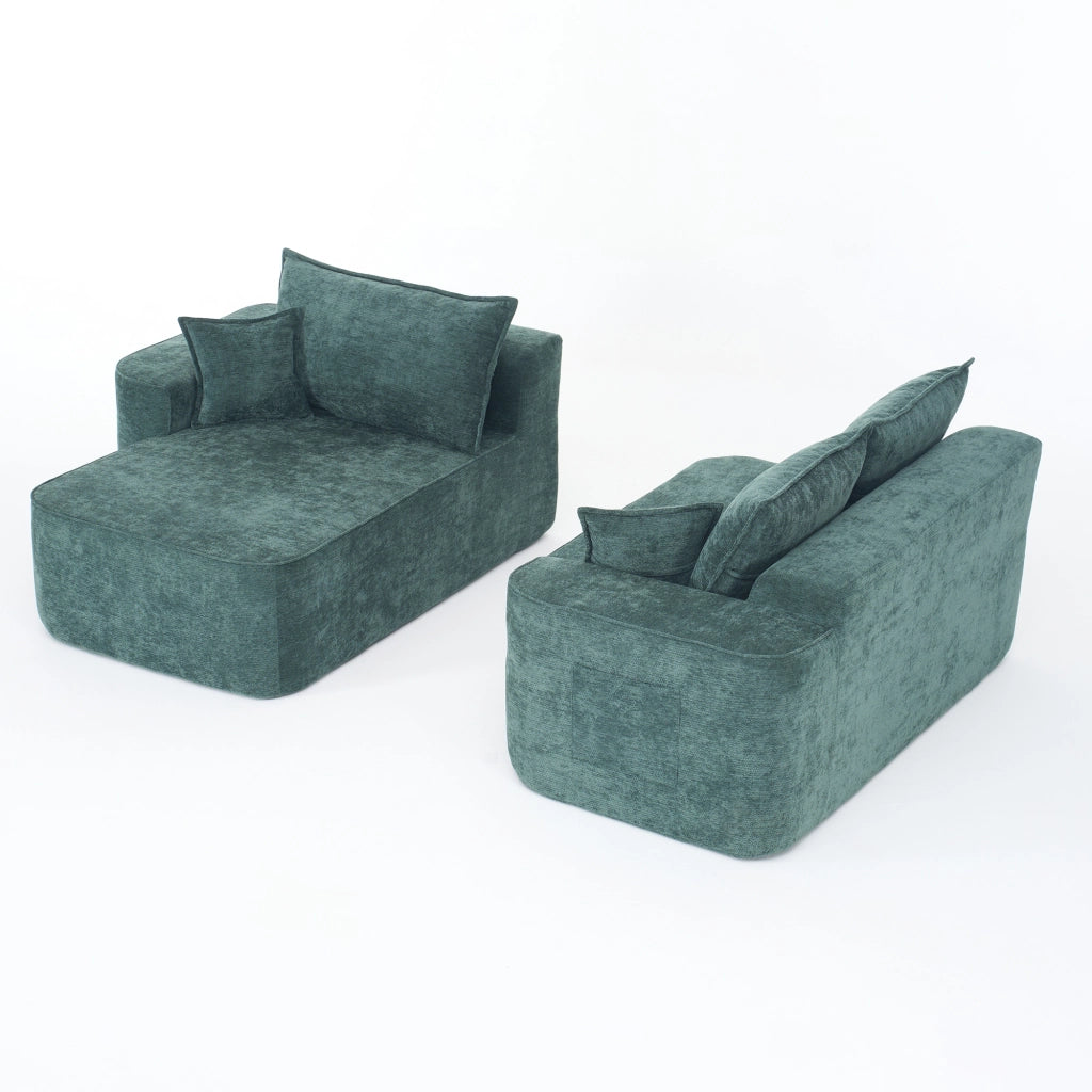 Divano angolare modulare con chaise longue, senza montaggio, tasche laterali, in Ciniglia Verde 262 × 144 × 65 cm