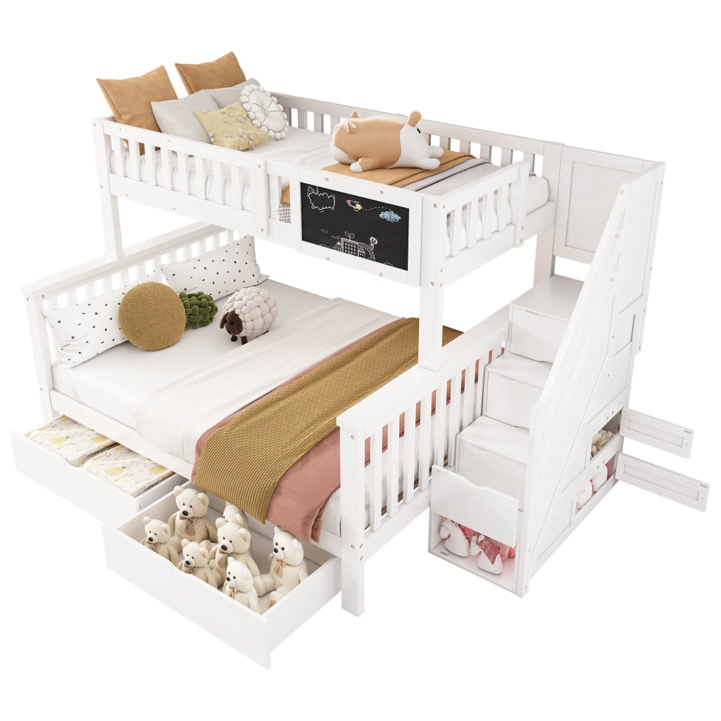 Letto a castello per bambini bianco 90x200 cm con lavagna, cassetti e spazi contenitore, senza materasso