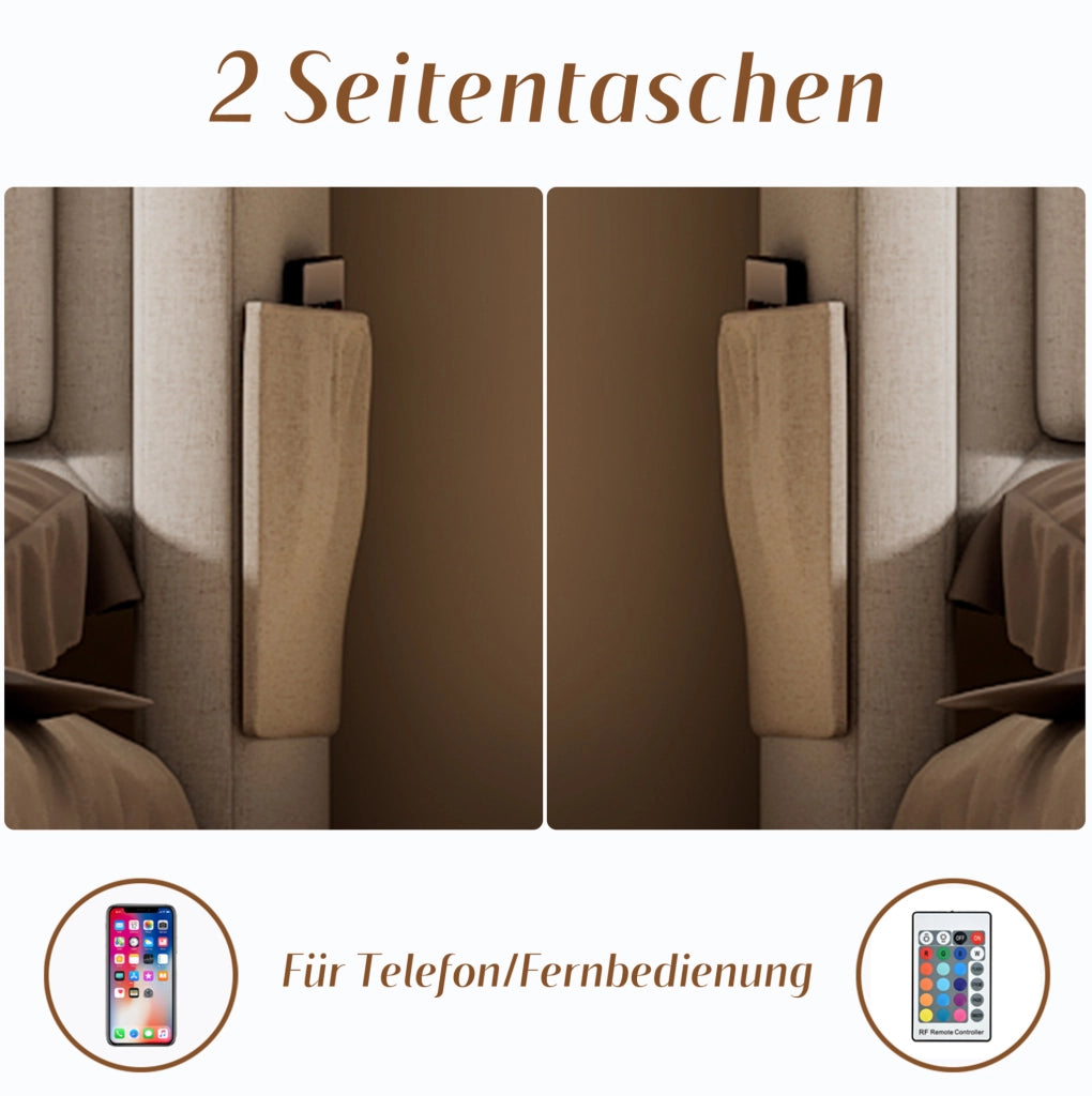 Letto matrimoniale 160x200 cm con LED; USB e USB-C; 4 cassetti; tessuto cotone-lino beige