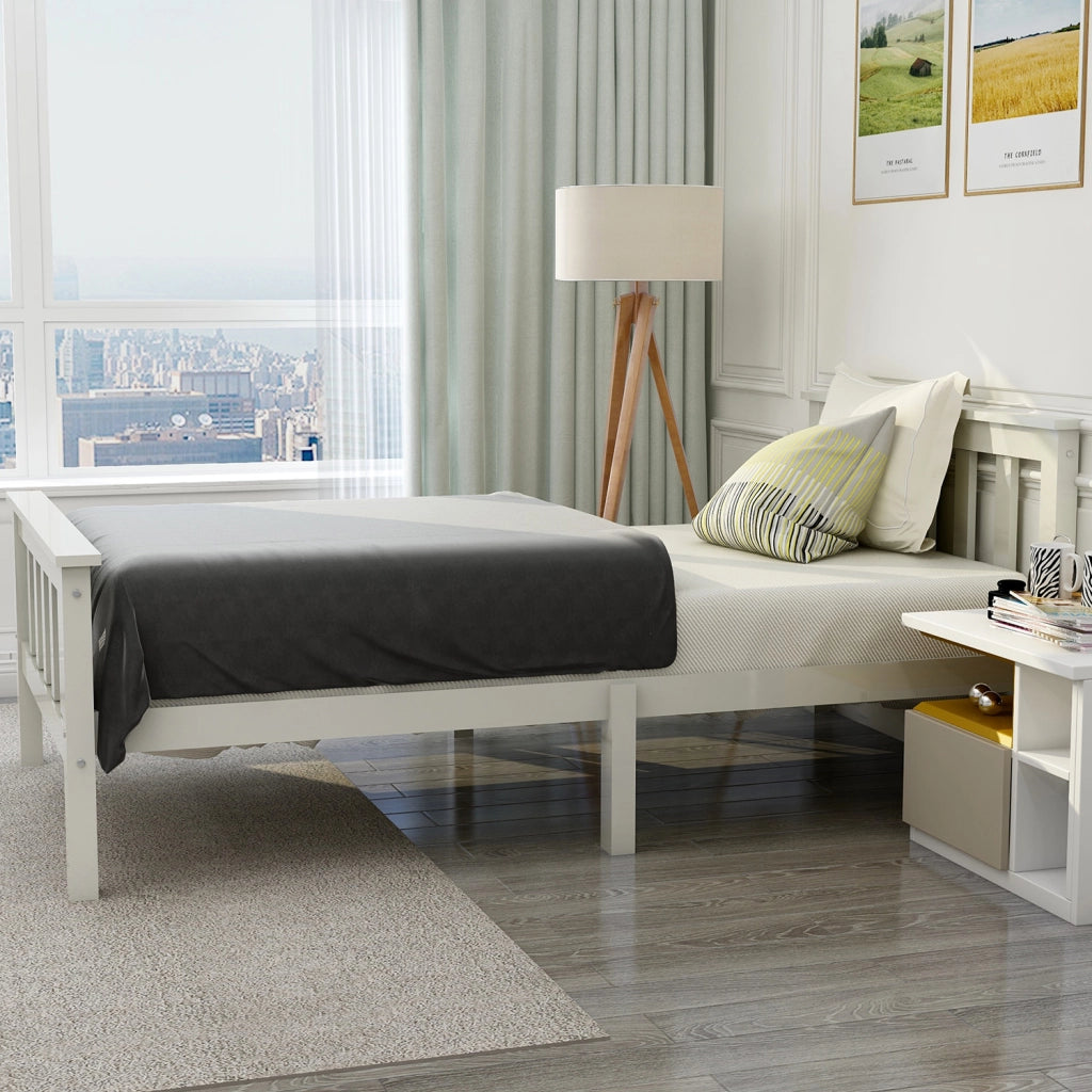Letto singolo in legno massello 90x200 cm con rete a doghe, bianco, design minimalista
