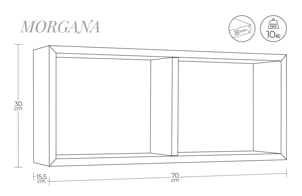 Mensola Rettangolare 2 Scomparti da Parete 70x30x15,5 cm in Fibra di Legno Morgana Arancio