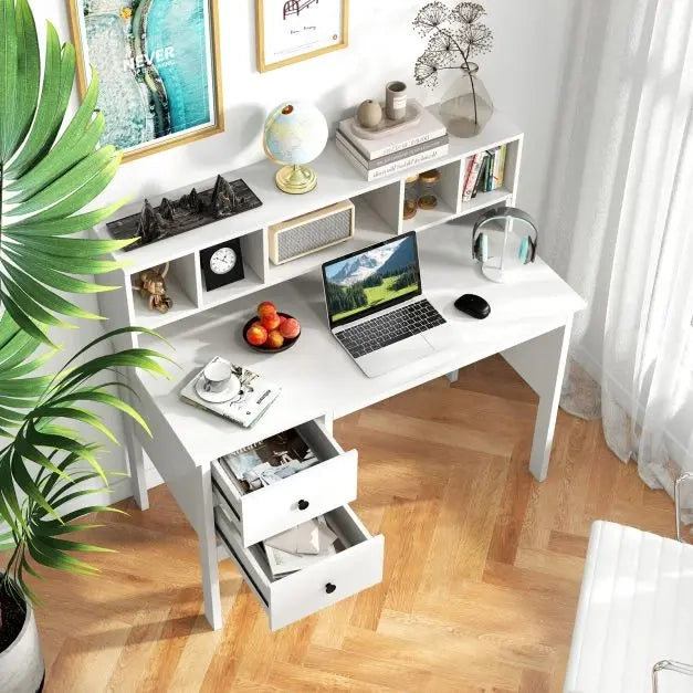 Scrivania Porta PC 120 cm con Libreria a 5 Scomparti e 2 Cassetti Bianco per Casa e Ufficio