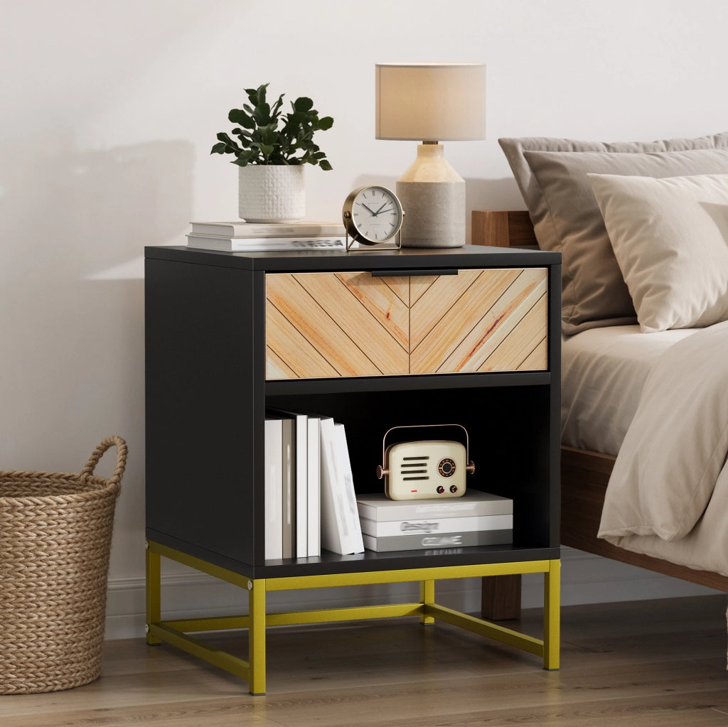 Comodino moderno in MDF nero e naturale, 43 x 40 x 55 cm