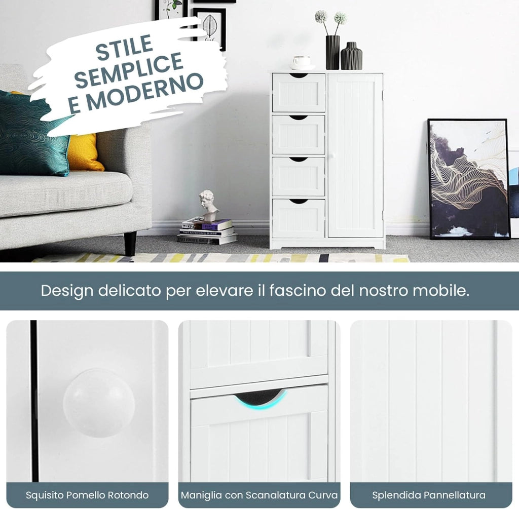 Mobile Bagno 56 x 30,5 x 81 cm, Mobiletto Bagno Salvaspazio con 4 Cassetti e Mensola Regolabile, Armadietto Multiuso per Ingresso, Salone, Camera da Letto e Cucina (Bianco)