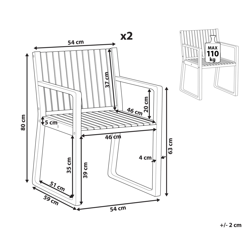Set di 2 sedie da pranzo da giardino per esterni in legno d'acacia resistente agli agenti atmosferici dal design classico