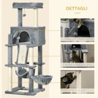 Albero Tiragraffi per Gatti con Pali in Sisal, Casetta, Lettino e Amache, 48x48x140cm, Grigio
