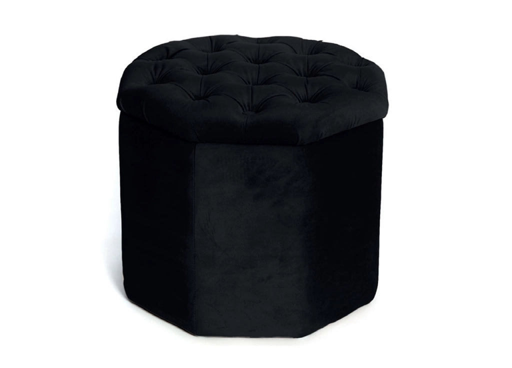 Pouf Salotto Contenitore Imbottito Trapuntato Ottagonale Velvet Tinta Unita - Pouf - Nero