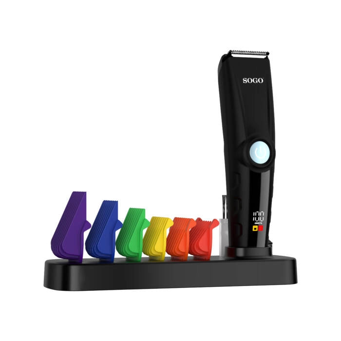 Regolabarba ricaricabile con 6 pettini, display LED e autonomia 90 minuti, per barba e basette con ricarica USB - Sogo