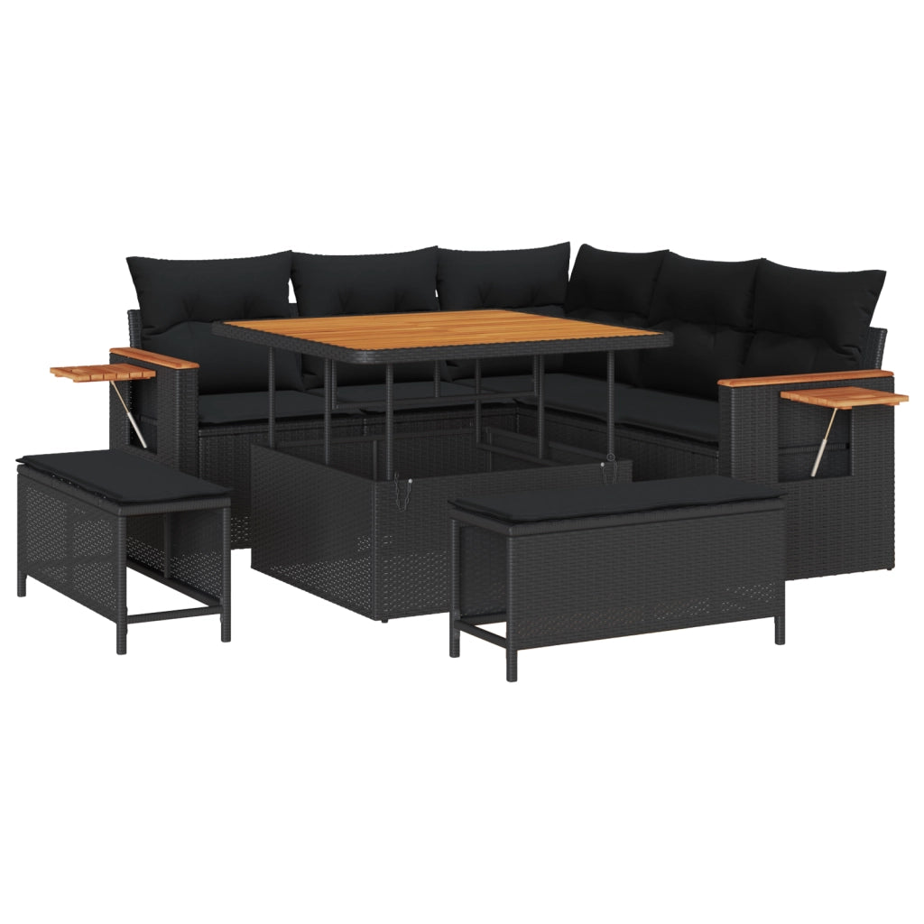 Set Divano da Giardino  8 pezzi con Cuscini Nero Polyrattan Acacia