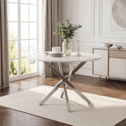 Tavolo da pranzo rotondo con piano effetto marmo e gambe cromate per cucina e soggiorno bianco argento 80 × 80 × 75 cm