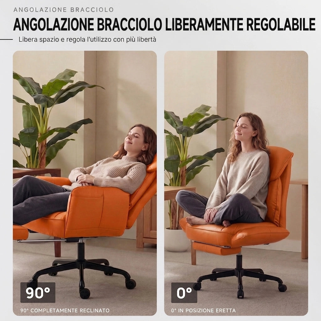 Sedia da ufficio ergonomica - Con corrimano e poggiapiedi - Con braccioli regolabili - Schienale regolabile - Arancione