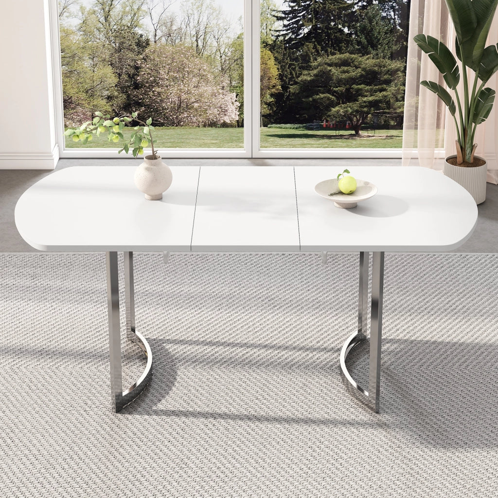 Tavolo da pranzo allungabile con struttura stabile, stile classico, per 4-6 persone, bianco e gambe argentate