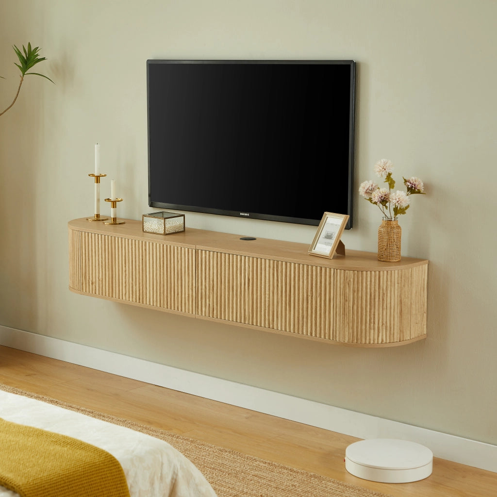 Mobile porta TV sospeso con 2 ante e passacavi, per soggiorno, in truciolare e MDF, naturale, 180 × 32 × 30 cm
