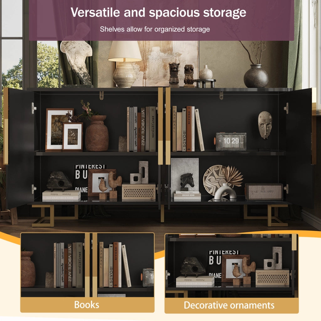 Credenza con 2 ante e 4 ripiani in MDF con piedi in metallo e sistema antiribaltamento nera 152 × 40 × 75 cm