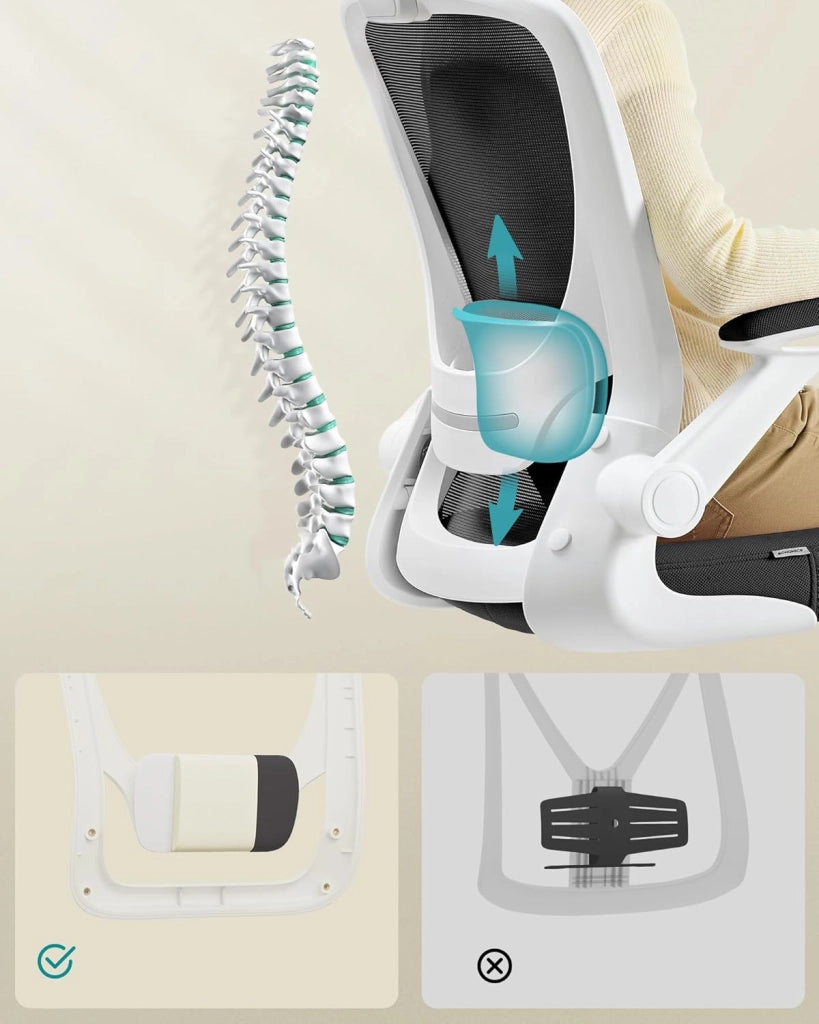 SONGMICS Sedia da Ufficio Girevole, Sedia di Rete da Computer Ergonomica, Supporto Lombare, Oscillante, Seduta 53 cm, Braccioli Pieghevoli, Bianco e Nero OBN37WT