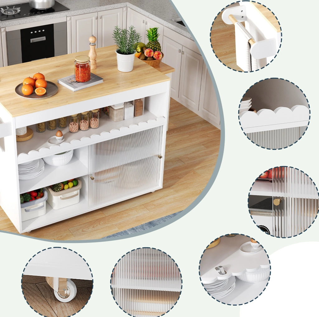Carrello isola cucina pieghevole 122x46(69)x91 cm in MDF bianco e naturale