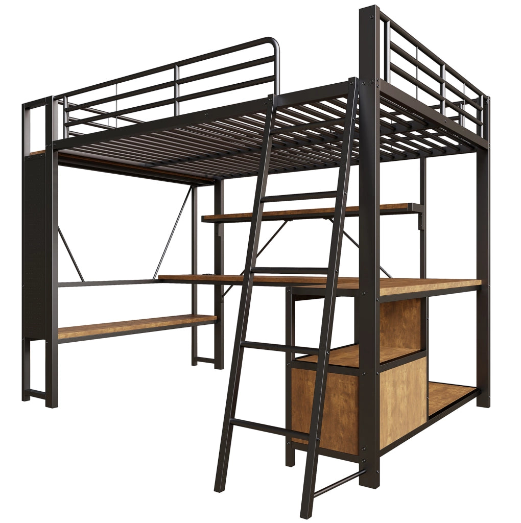 Letto a soppalco ULEVR 140x200 cm con scrivania, LED, USB e ripiani, struttura in metallo e MDF