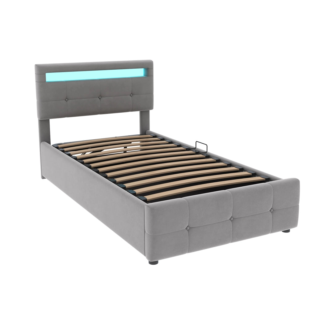 Letto imbottito 90x200 cm con LED e contenitore; velluto grigio (Senza materasso)
