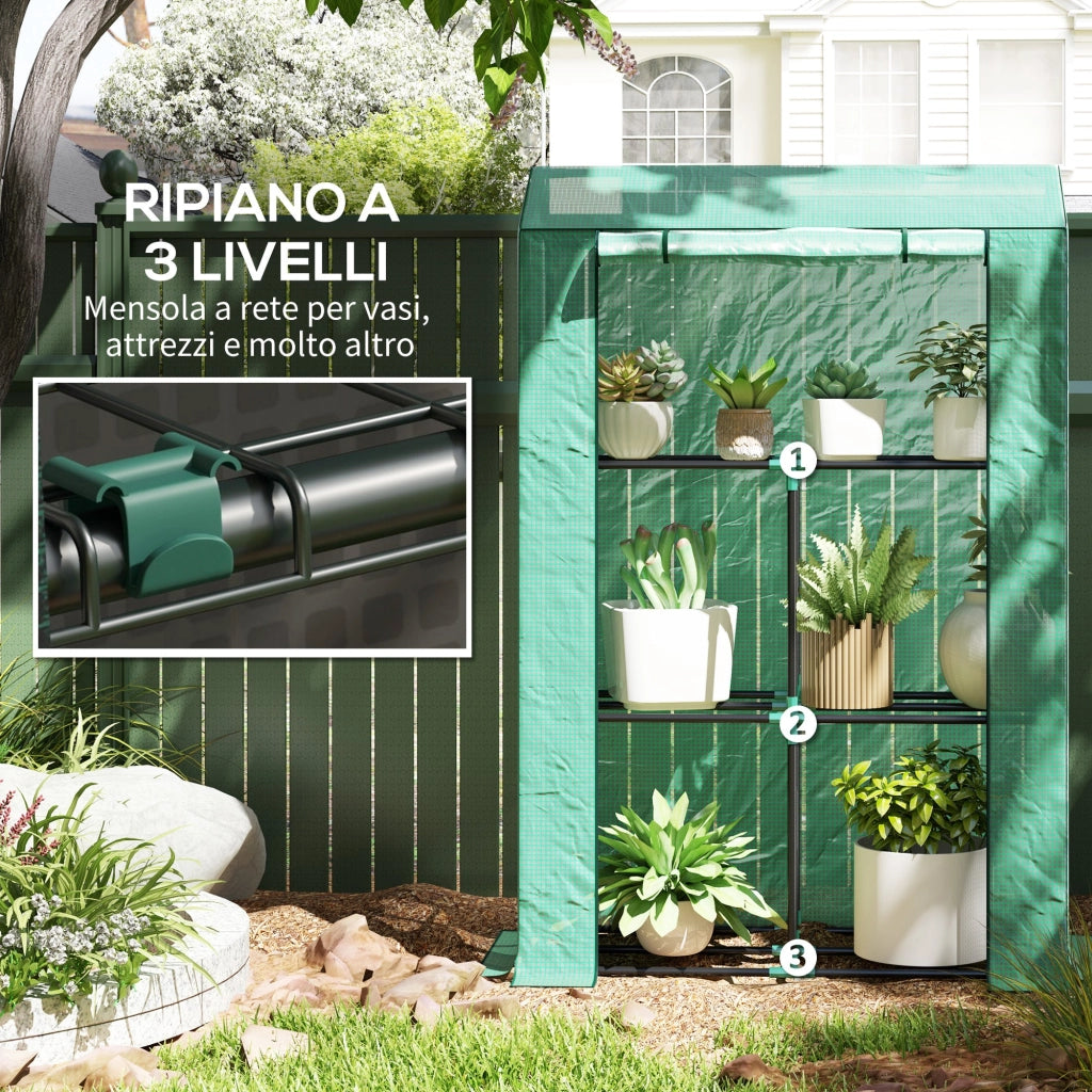 Serra da Giardino a 3 Livelli 100x40x150 cm con Copertura in PE Anti-UV e Porta Avvolgibile Verde