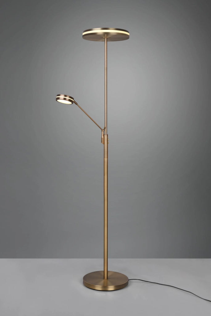 FRANKLIN PIANTANA LED 35W 4100lm- 6,5W 650lm, 2700+3200+4000K CON LAMPADA LETTURA METALLO OTTONE INVECCHIATO CON REGOLAZIONE INTENSITA' TOUCH DIMMER + REGOLAZIONE LUCE CALDA, NATURALE E FREDDA E FUNZIONE MEMORIZZAZIONE H. 180CM