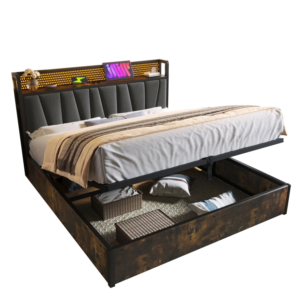 Letto Contenitore Letto Matrimoniale 180×200 cm con USB; Prese e LED Regolabile; senza Materasso; Grigio