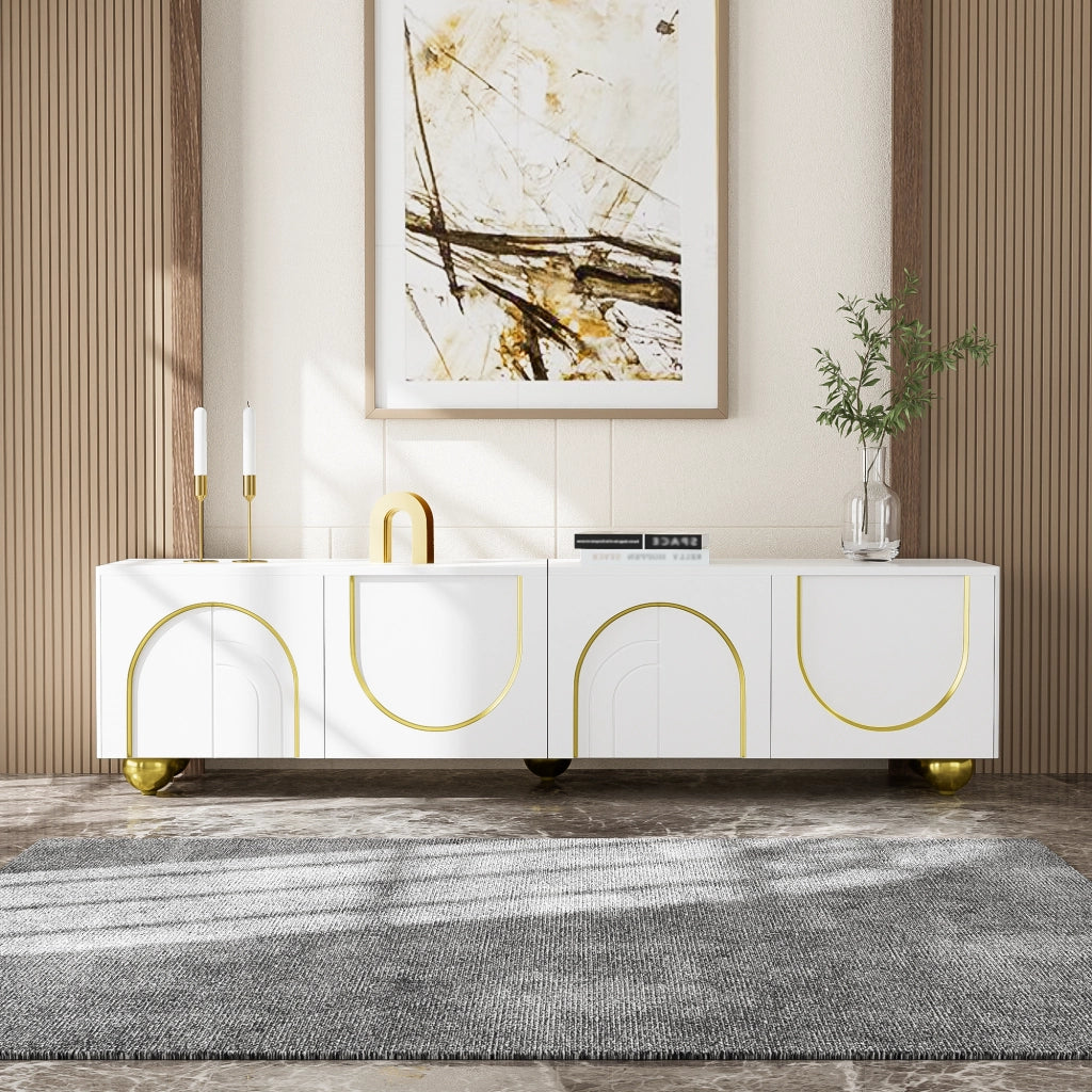 Mobile TV 170x38x44 cm; ante push-to-open con dettagli oro; pannello truciolare bianco