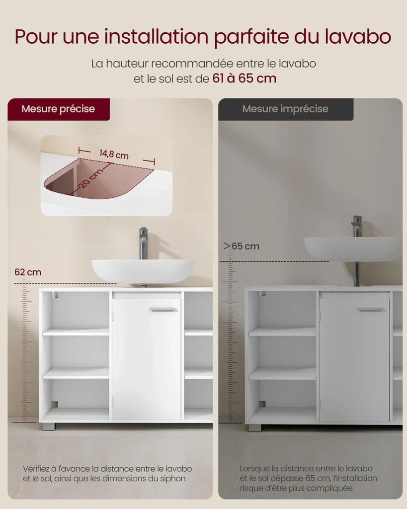 Mobile lavabo da bagno con ripiani e gambe regolabili 30 x 90 x 60 cm bianco 12_0006539