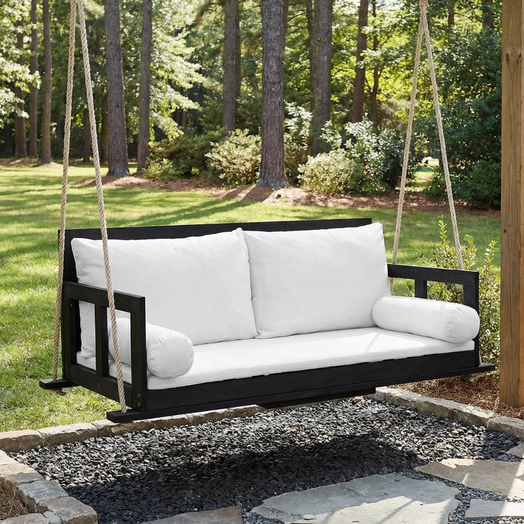 OKWISH Poltrona sospesa doppia con Cuscini e Braccioli, Giardino e Terrazza, Legno di acacia e Poliestere Nero